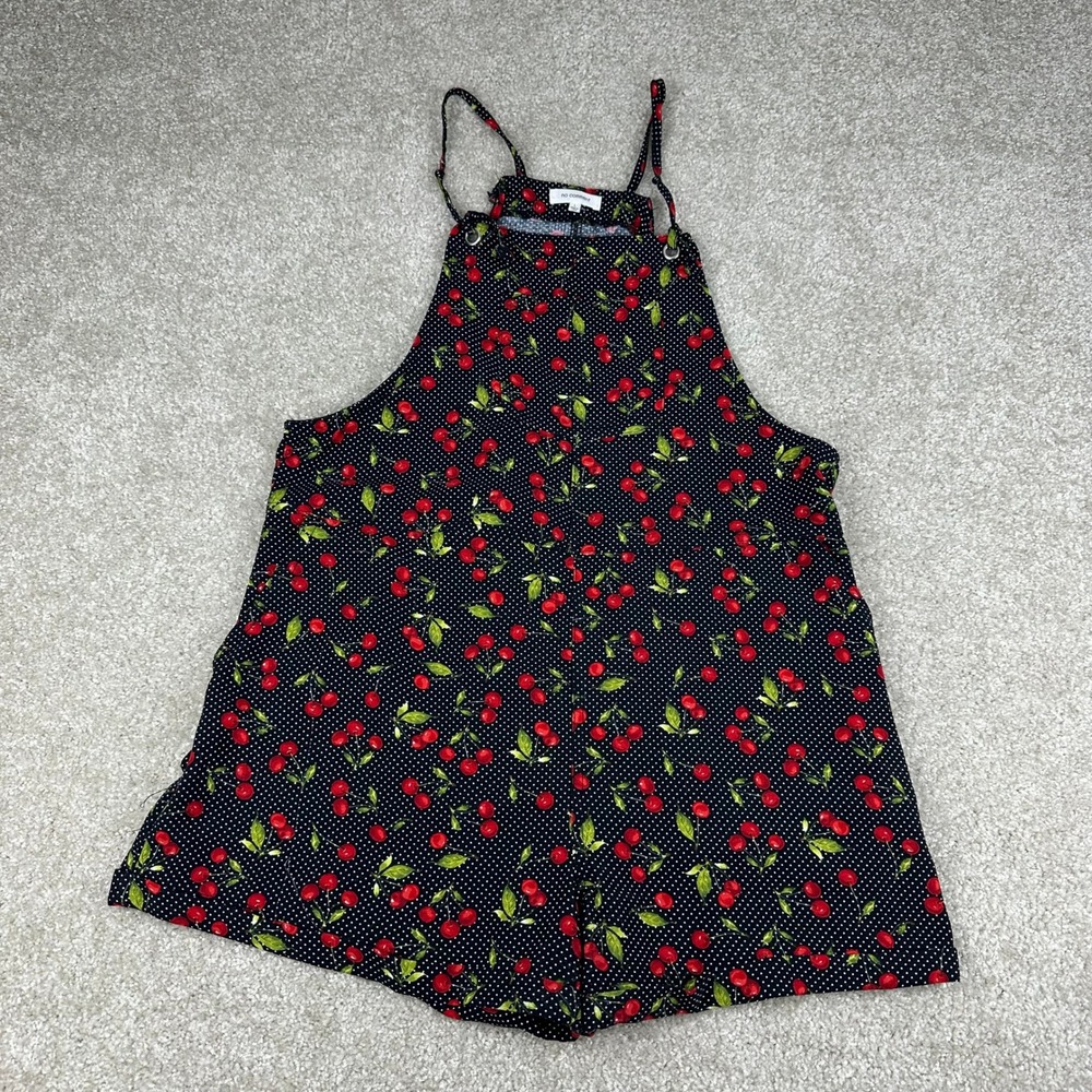 No Comment Cherry Polka Dot Print Romper Large Black Red Retro Festival